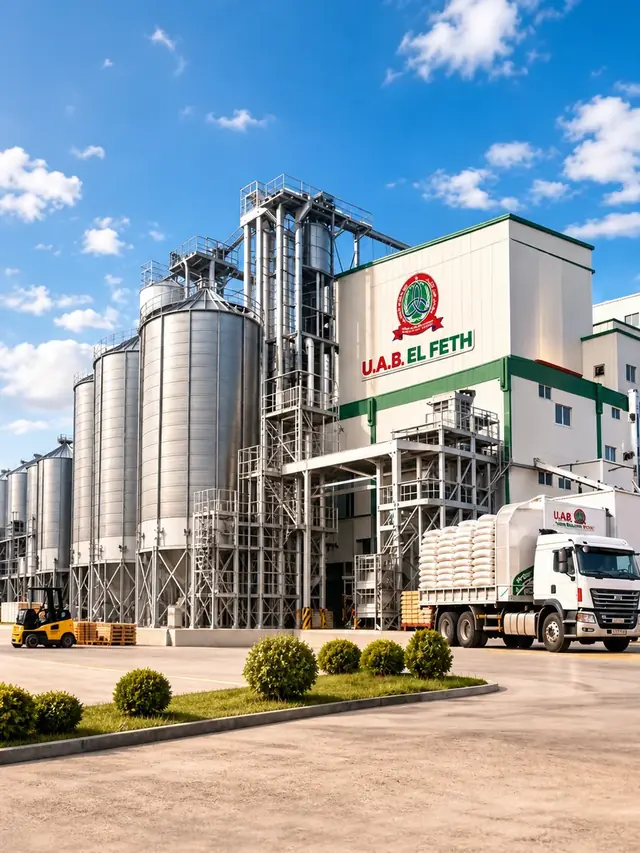 Unité de production UAB El Feth à Aïn El Arbaa : silos, bâtiment de fabrication et camions